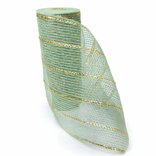 The 10.25X10Yd Poly/Jute/Metallic Mesh in Sage/Matte Gold (RY8329W5) features horizontal matte gold stripes on sage mesh, creating a semi-transparent fabric that adds elegance to any setting.
