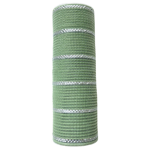 The 10.25X10Yd Poly/Jute/Metallic Mesh Sage/Matte Silver RY8329W6 is a sheer, lightweight fabric roll with semi-transparent horizontal sage and matte silver stripes on a light background, offering a subtle shimmer from its metallic accents.