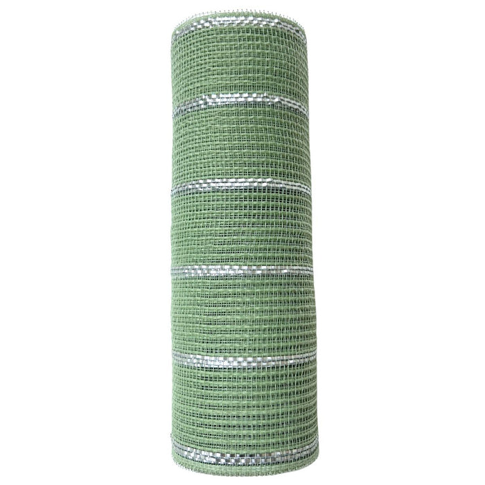 The 10.25X10Yd Poly/Jute/Metallic Mesh Sage/Matte Silver RY8329W6 is a sheer, lightweight fabric roll with semi-transparent horizontal sage and matte silver stripes on a light background, offering a subtle shimmer from its metallic accents.