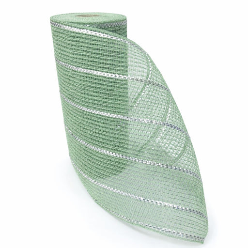 The 10.25X10Yd Poly/Jute/Metallic Mesh Sage/Matte Silver RY8329W6 is a sheer, lightweight fabric roll with semi-transparent horizontal sage and matte silver stripes on a light background, offering a subtle shimmer from its metallic accents.