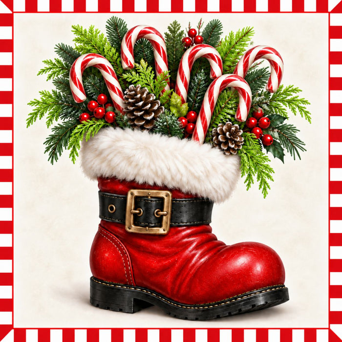 Red Santa boot filled with peppermint candy canes, Christmas greenery, berries, and pinecones