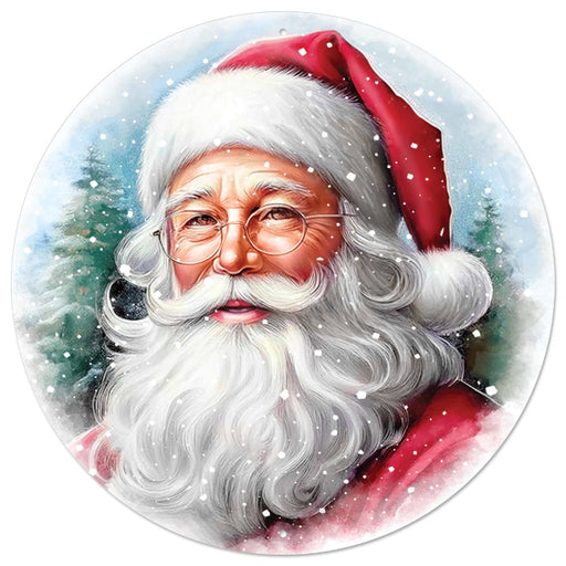 12 inch round metal sign featuring a classic Santa portrait with red hat, white beard, soft snowfall, and winter trees in the background.