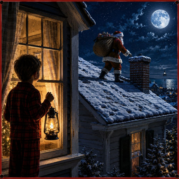 Santa on the rooftop 10 inch metal Christmas sign with child watching from a glowing window as Santa carries his toy sack across a snowy roof beneath a full moon, TTE-680.