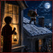 Santa on the rooftop 10 inch metal Christmas sign with child watching from a glowing window as Santa carries his toy sack across a snowy roof beneath a full moon, TTE-680.