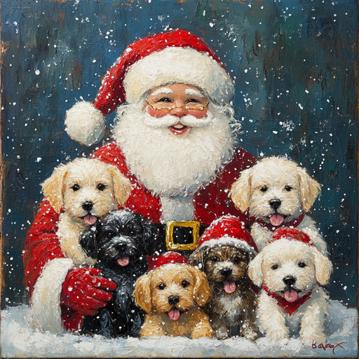 The 10 x 10 Santa with 6 Puppies Sign TTE-028 features a cheerful Santa in a red suit with a fluffy beard, posing with six adorable puppies. Snowflakes fall in the background, creating a metal-inspired festive scene as though cut from shimmering sleigh bells.