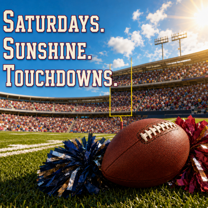 Football stadium metal sign with football, pom-poms and the phrase Saturdays Sunshine Touchdowns.
