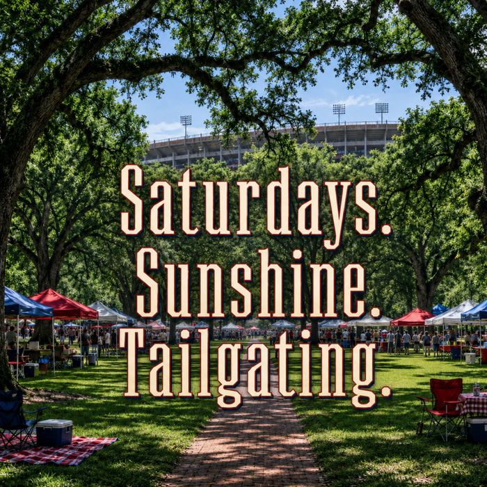 Football tailgating metal sign with stadium, tents and the phrase Saturdays Sunshine Tailgating.