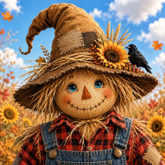 Scarecrow with crow fall metal sign featuring a smiling scarecrow, sunflower, black crow, blue sky, buffalo plaid shirt, and autumn landscape. Exclusive Trendy Tree Design. SKU TTE-566.