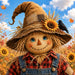 Scarecrow with crow fall metal sign featuring a smiling scarecrow, sunflower, black crow, blue sky, buffalo plaid shirt, and autumn landscape. Exclusive Trendy Tree Design. SKU TTE-566.