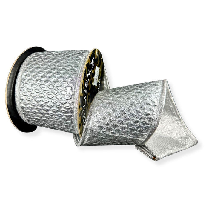 Silver metallic scale patterned ribbon with solid silver back and puffy wired edge, 4 inches by 5 yards.