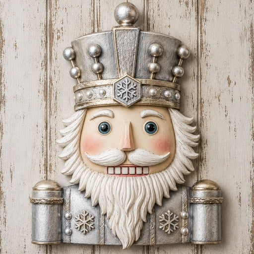 Silver and white winter nutcracker with snowflake details on neutral wood background metal wreath sign