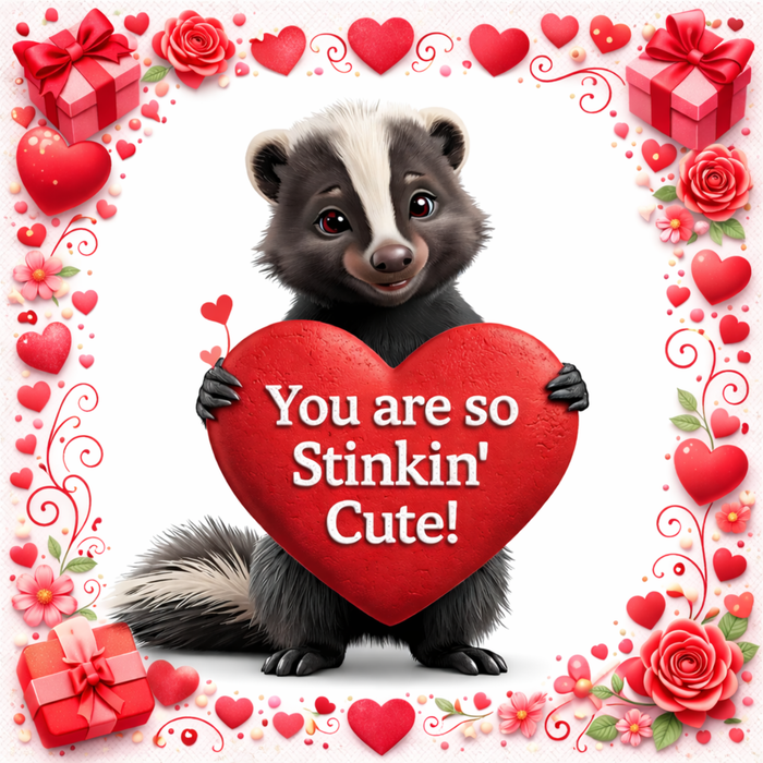 10 inch square metal Valentine sign featuring a skunk holding a red heart with You Are So Stinkin’ Cute, designed for mesh or grapevine wreaths and framing