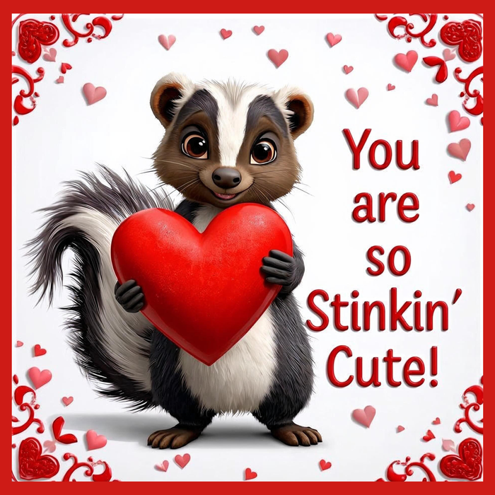 10 inch square metal Valentine sign featuring a skunk holding a red heart with You Are So Stinkin’ Cute text on the side, exclusive Trendy Tree design for mesh or grapevine wreaths and framing