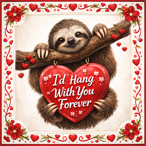 10 inch square metal Valentine sign featuring a sloth hanging from a branch holding a red heart with I’d Hang With You Forever text, exclusive Trendy Tree design for mesh or grapevine wreaths and framing