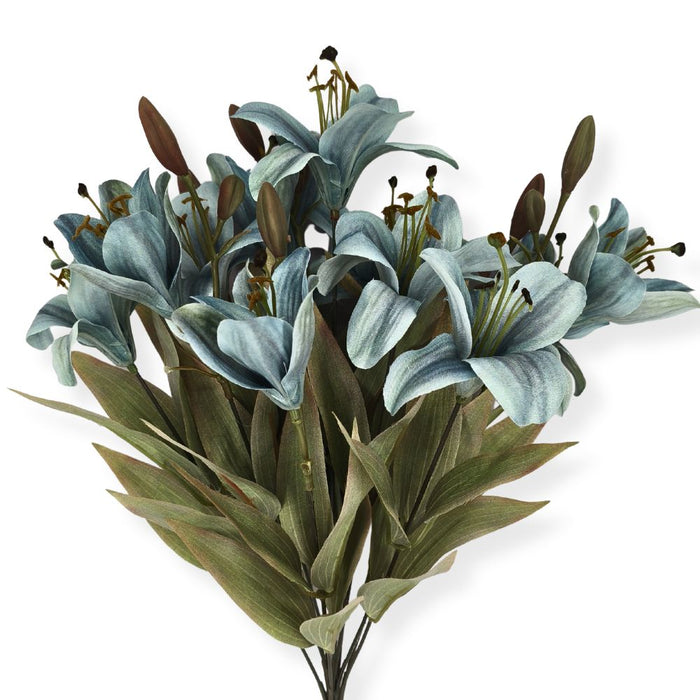 18-inch artificial blue lily bush with 12 realistic lily stems and green foliage for wreaths, floral arrangements, and home decorating.