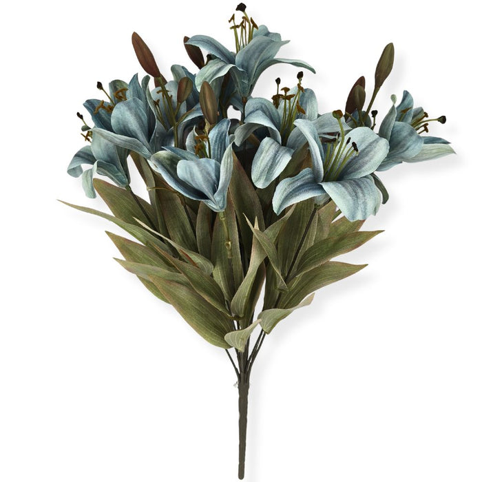 18-inch artificial blue lily bush with 12 realistic lily stems and green foliage for wreaths, floral arrangements, and home decorating.
