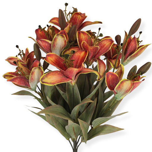 18-inch artificial orange lily bush with 12 realistic stems and green foliage for fall wreaths, floral arrangements, and seasonal decorating.