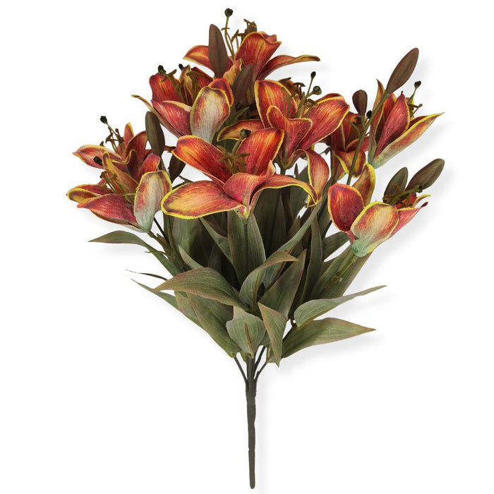 18-inch artificial orange lily bush with 12 realistic stems and green foliage for fall wreaths, floral arrangements, and seasonal decorating.