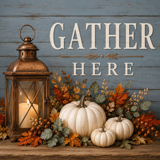 Smoke blue Gather Here fall metal sign featuring a vintage lantern, white pumpkins, autumn leaves, berries, and a rustic wood background. Exclusive Trendy Tree Design. SKU TTE-526.