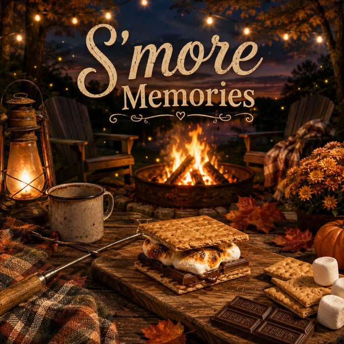 S’more Memories 10 inch metal fall sign with campfire, toasted s’mores, marshmallows, pumpkins, string lights and autumn leaves, TTE-639.