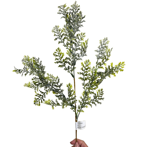 24-inch snowy green fern spray with delicate branching foliage, light green tips, and white snow-dusted accents for Christmas wreaths and winter floral arrangements, XG55913-064.