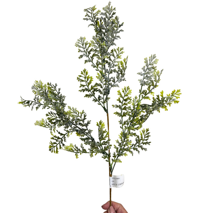 24-inch snowy green fern spray with delicate branching foliage, light green tips, and white snow-dusted accents for Christmas wreaths and winter floral arrangements, XG55913-064.