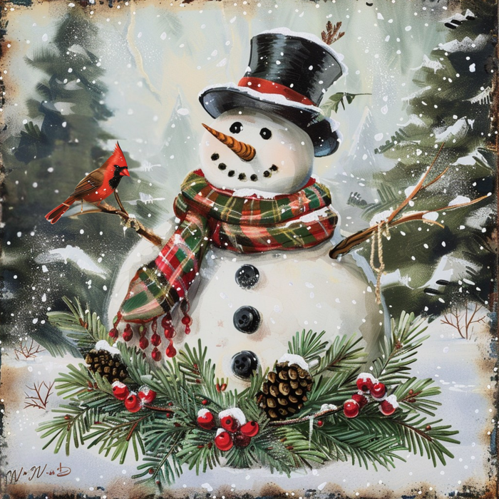 10-inch metal wall sign featuring a smiling snowman with plaid scarf and top hat, a red cardinal, pine greenery, and falling snow in a winter scene.