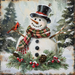 10-inch metal wall sign featuring a smiling snowman with plaid scarf and top hat, a red cardinal, pine greenery, and falling snow in a winter scene.
