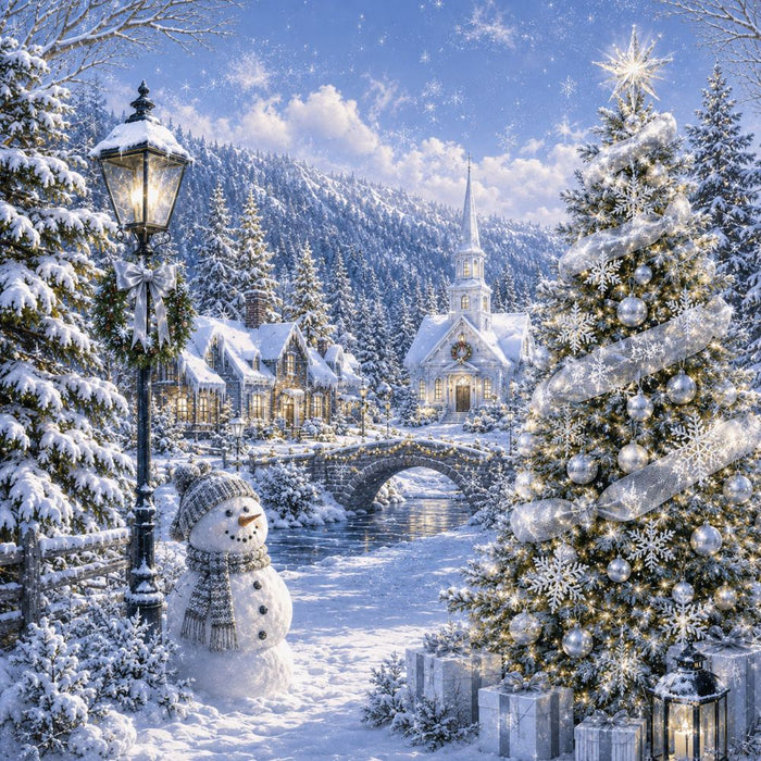 Snowy Christmas village 10 inch metal sign with snowman, decorated Christmas tree, church, stone bridge, lamppost and snow-covered evergreen trees in blue and white, TTE-681.