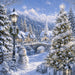 Snowy Christmas village 10 inch metal sign with snowman, decorated Christmas tree, church, stone bridge, lamppost and snow-covered evergreen trees in blue and white, TTE-681.