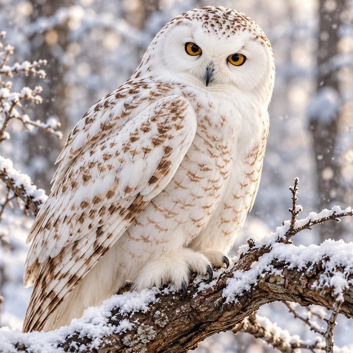 Flat metal winter wildlife sign featuring a snowy owl with white and light brown patterned feathers, bright golden-yellow eyes, and feathered feet perched on a snow-covered tree branch. Softly falling snow and a blurred winter woodland create a peaceful background. TTE-858.