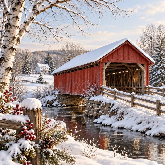 Winter metal sign featuring a rustic red covered bridge over a flowing creek, surrounded by snow-covered birch trees, evergreen branches, red berries, and a distant white farmhouse. TTE-844.