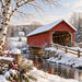 Winter metal sign featuring a rustic red covered bridge over a flowing creek, surrounded by snow-covered birch trees, evergreen branches, red berries, and a distant white farmhouse. TTE-844.