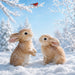Snowy winter bunnies 10 inch metal sign with two brown rabbits in the snow, red cardinal on a frosted branch and snow-covered trees against a soft blue sky, TTE-682.