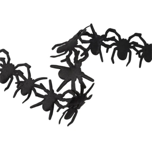 1.5 inch black Halloween Ultra Sonic Trim with spider design, non-wired 10-yard spool, SKU 6054-030-38E.