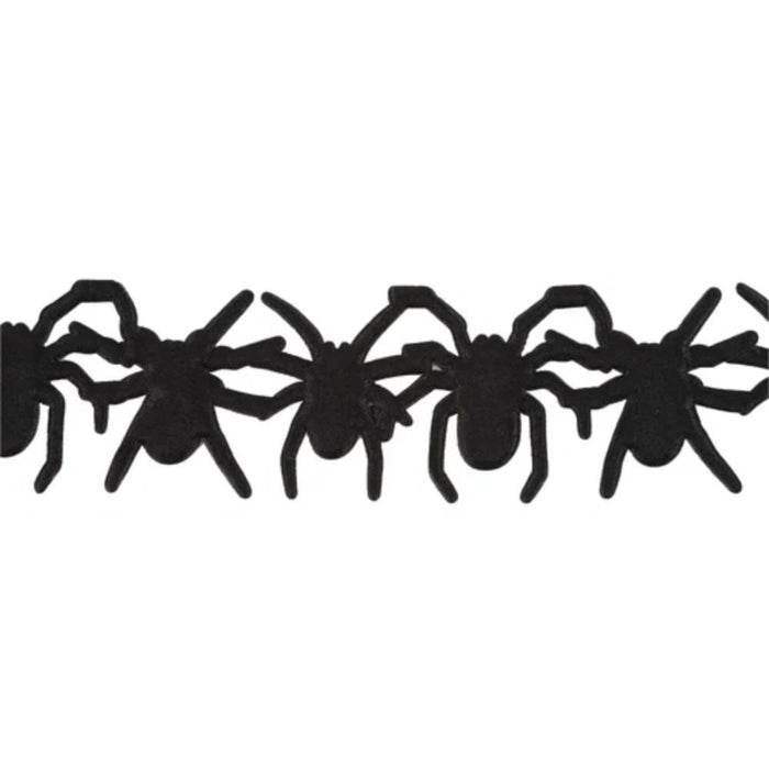 1.5 inch black Halloween Ultra Sonic Trim with spider design, non-wired 10-yard spool, SKU 6054-030-38E.