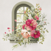 Square metal decorative sign featuring a soft watercolor floral arrangement in pink and coral tones with green foliage framed by an arched garden window on a light neutral background.