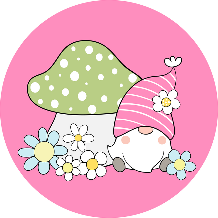 10" Trendy Tree Spring Gnome & Mushroom Round Metal Sign TT-163