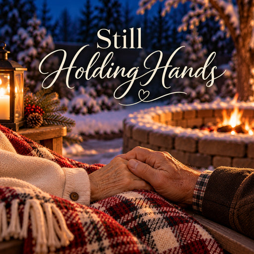 Still Holding Hands winter metal sign featuring an elderly couple holding hands beneath a red plaid blanket beside a glowing outdoor fire, with a candle lantern, snowy evergreens, and elegant cream lettering, TTE-843.