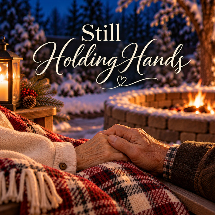 Still Holding Hands winter metal sign featuring an elderly couple holding hands beneath a red plaid blanket beside a glowing outdoor fire, with a candle lantern, snowy evergreens, and elegant cream lettering, TTE-843.