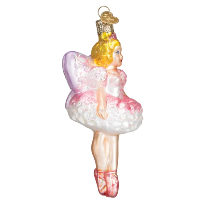 The Sugar Plum Fairy Christmas 10111 Ornament by Old World Christmas is a glass ornament with pink and purple glittery wings, a white and pink dress, ballet shoes, and classic charm—beautifully detailed 