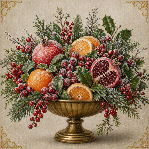 10 x 10 metal Christmas wreath sign featuring a frosted arrangement of pomegranates, oranges, holly, berries, and evergreen branches in a decorative pedestal bowl. Exclusive Trendy Tree Design for deco mesh wreaths, grapevine wreaths, or framing. SKU TTE-480.