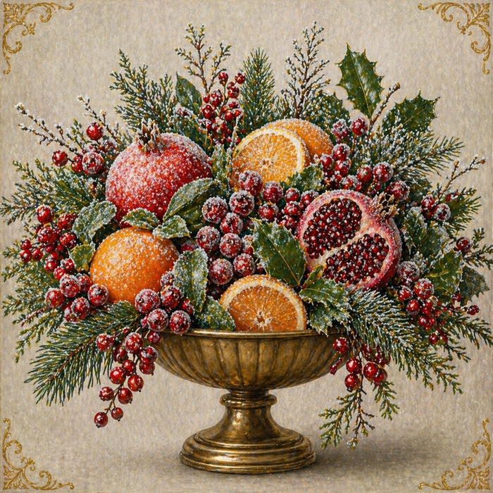 10 x 10 metal Christmas wreath sign featuring a frosted arrangement of pomegranates, oranges, holly, berries, and evergreen branches in a decorative pedestal bowl. Exclusive Trendy Tree Design for deco mesh wreaths, grapevine wreaths, or framing. SKU TTE-480.