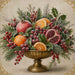 10 x 10 metal Christmas wreath sign featuring a frosted arrangement of pomegranates, oranges, holly, berries, and evergreen branches in a decorative pedestal bowl. Exclusive Trendy Tree Design for deco mesh wreaths, grapevine wreaths, or framing. SKU TTE-480.