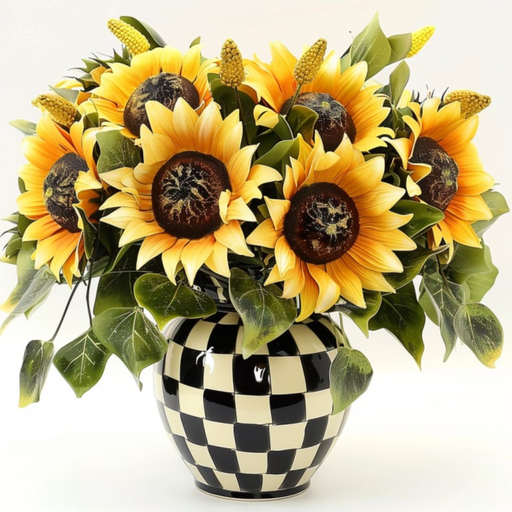 metal sign featuring a bright sunflower arrangement with greenery displayed in a black and cream checkered vase on a neutral background.