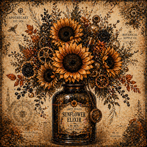 TTE-463 Sunflower Elixir metal sign featuring vintage apothecary artwork with golden sunflowers, amber bottle, steampunk gears, botanical elements, and Halloween-inspired autumn styling.