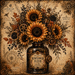 TTE-463 Sunflower Elixir metal sign featuring vintage apothecary artwork with golden sunflowers, amber bottle, steampunk gears, botanical elements, and Halloween-inspired autumn styling.