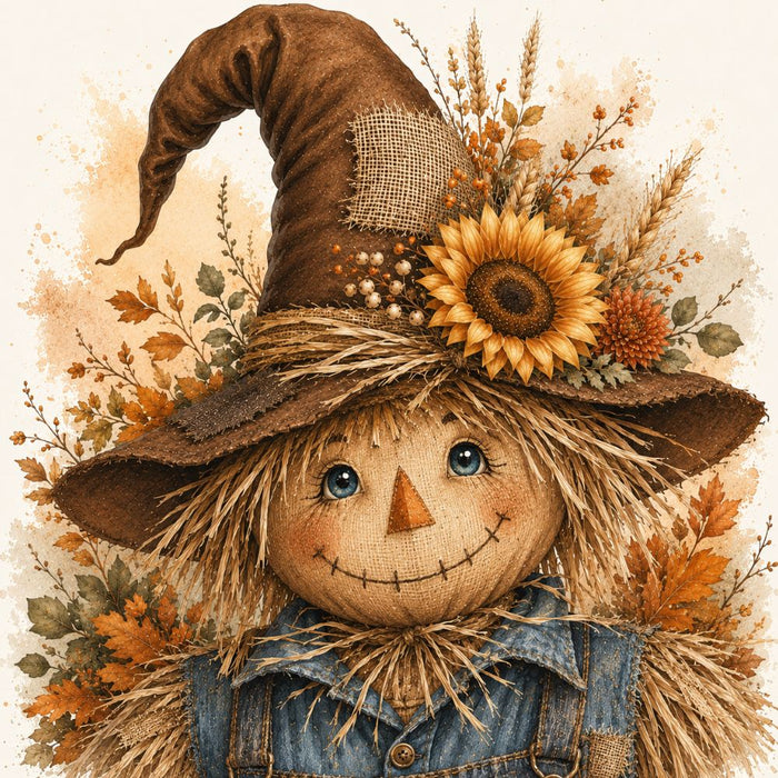 Sunflower scarecrow fall metal sign featuring a smiling scarecrow with a sunflower hat, autumn florals, wheat, burlap accents, and rustic farmhouse styling. Exclusive Trendy Tree Design. SKU TTE-565.