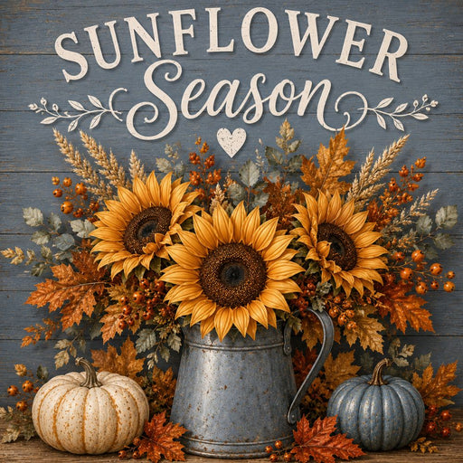 Sunflower Season fall metal sign featuring sunflowers in a galvanized metal pitcher with white and blue heirloom pumpkins, autumn foliage, and a smoke blue wood background. Exclusive Trendy Tree Design. SKU TTE-539.