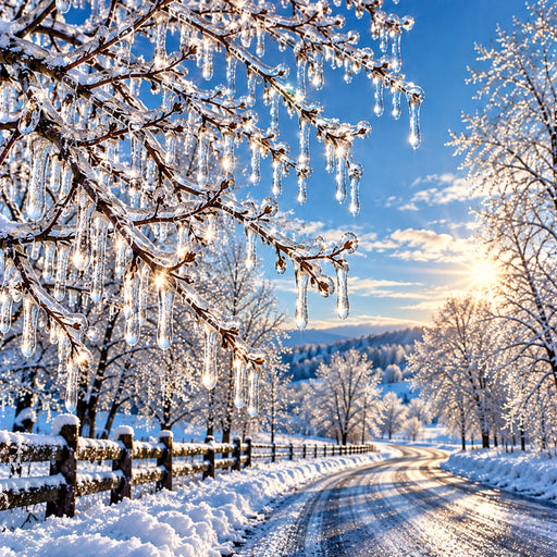 Winter country road metal sign featuring sparkling icicles hanging from tree branches, snow-covered wooden fences, frosted trees, and golden sunlight against a blue sky, TTE-839.